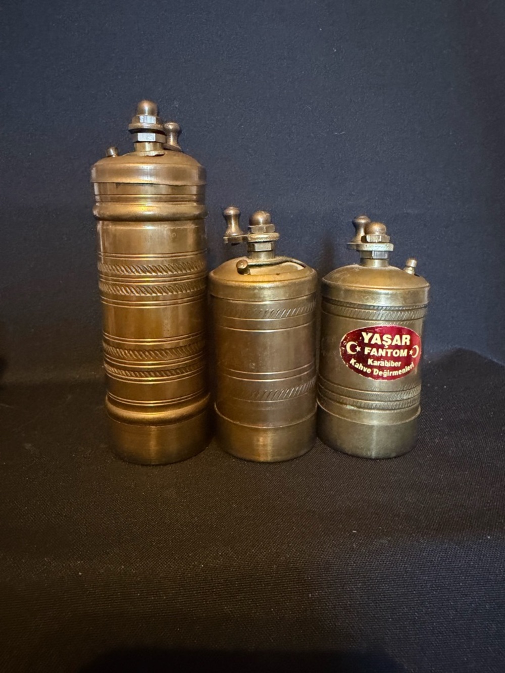 Vintage YAŞAR FANTOM Brass Karabiber Manual Burr Pepper/Coffee Grinder Set of 3